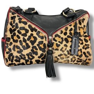 Aqua Madonna Leopard Calf Hair Large Leather Shoulder Bag Red Tassel Zip Satchel